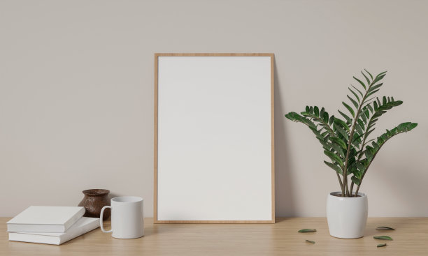 海报框架模型在舒适的客厅内部，3d渲染插图图片下载