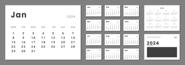一套每月日历规划页面模板，2024年和封面与照片和公司标志的地方。矢量布局的墙壁或书桌极简主义日历与周一开始印刷图片下载