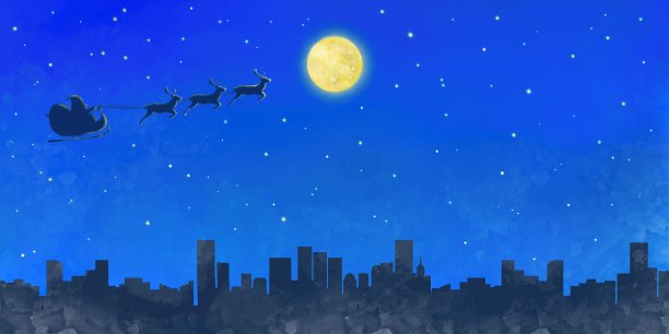 圣诞老人和驯鹿在月圆之夜奔跑的插图。图片下载