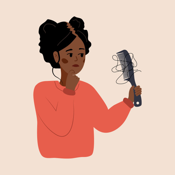 脱发的概念。悲伤的非洲女人掉了头发。秃顶疾病和头皮问题。不快乐的女性角色用头发刷。矢量插图在平面卡通风格图片下载