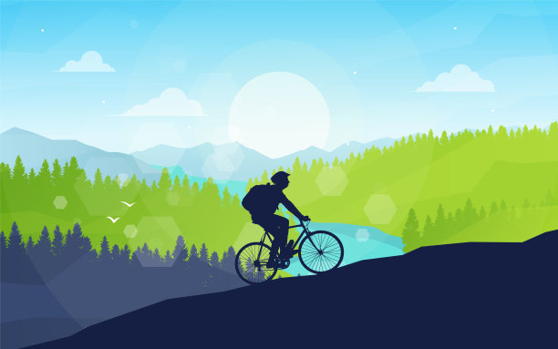 山地自行车。山地车骑手在野外自然景观中的剪影。山脉和森林是背景。骑自行车的人。自行车，下坡和越野自行车。平的插图图片下载