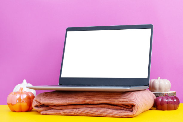 桌子上的笔记本电脑带有极简的秋季或秋季装饰，黄色和紫色柔和的颜色，季节性的商业概念图片下载