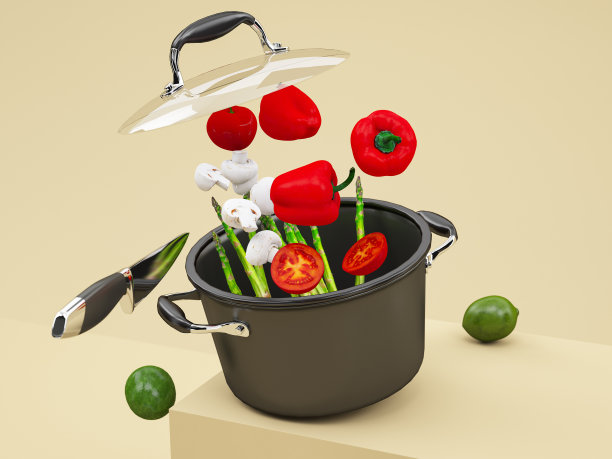 零重力厨房。新鲜蔬菜掉进锅里图片下载
