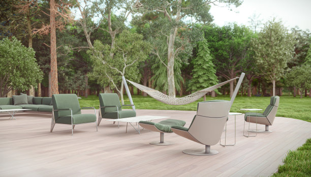 医院露台的3d渲染，座位甲板和吊床被大自然包围图片下载