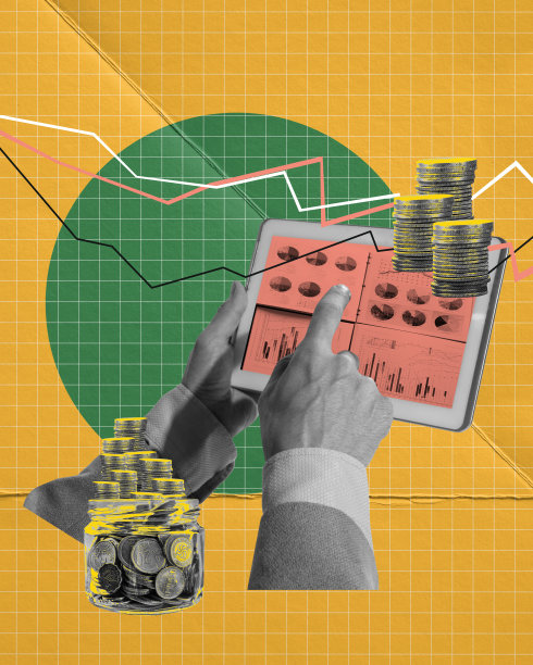 商人在平板电脑上工作，检查财务分析文件和发展战略。当代艺术拼贴。图片下载