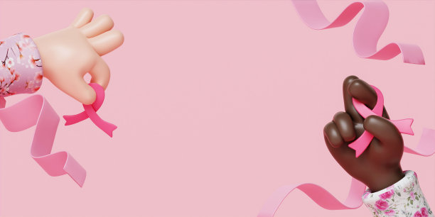一群不同的手一起拿着粉红色的丝带，代表着对乳腺癌的认识和支持。3D渲染图。图片下载