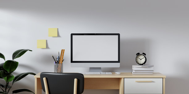 室内现代客厅工作空间与书桌和台式电脑的3D渲染。家庭办公室是一个安全的工作场所。图片下载