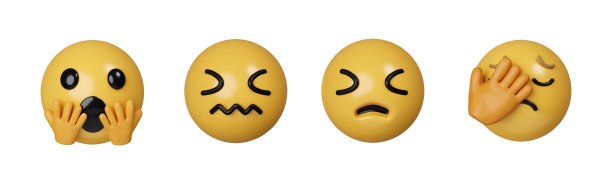 3d设置图标表情符号。现实的黄色光泽3d情绪的脸。图标隔离在灰色背景。3d渲染图。剪切路径。图片下载