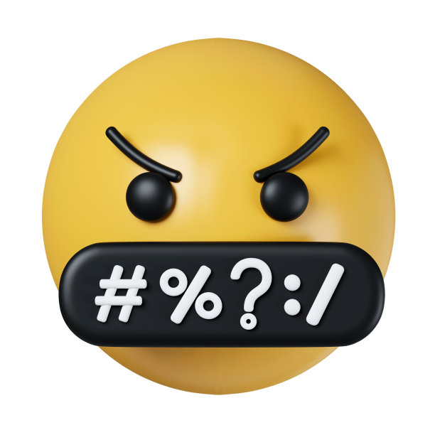 3d愤怒的表情符号脸，表情符号脸与符号在嘴，严肃的脸与符号覆盖嘴，红疯了，脾气暴躁。图标隔离在灰色背景。3d渲染图。剪切路径。图片下载