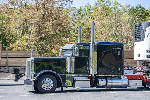 黑色经典大钻机半挂车牵引车加长驾驶室卡车司机休息运输货物在冷藏半挂车站在休息区休息图片下载