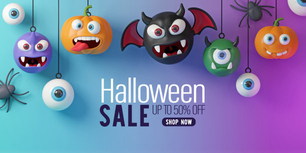 3 d渲染。万圣节促销海报模板与南瓜，魔鬼，挂绳和蜘蛛，蝙蝠，在一个紫色的蓝色背景。图片下载