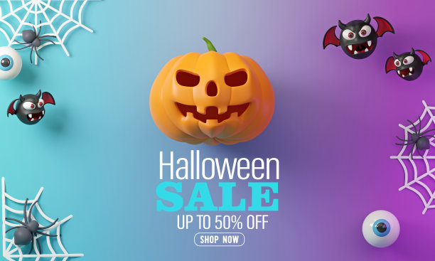3 d渲染。万圣节促销海报模板与南瓜，蜘蛛，蝙蝠，在一个紫色的蓝色背景。图片下载