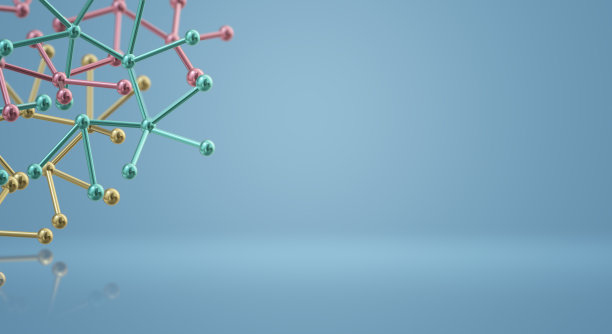 彩色金属纹理3d分子或原子在蓝色背景与空白空间。可以把文本或引号在这里。简洁的结构为科学，技术或医学概念，三维插图。图片下载