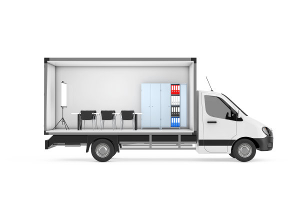 货车小巴货舱的办公室内部物体。3d渲染图片下载