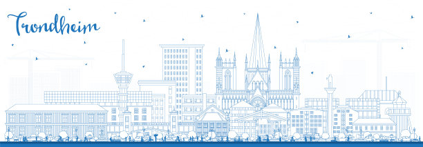 勾勒挪威特隆赫姆城市天际线与蓝色建筑。特隆赫姆城市景观与地标。图片下载