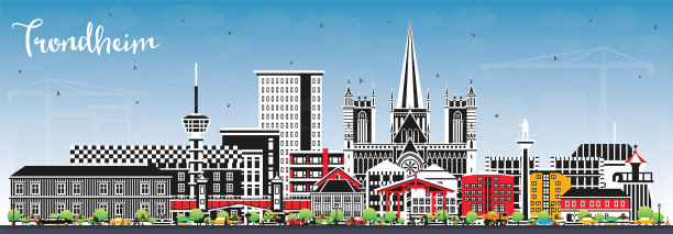 挪威特隆赫姆城市天际线与彩色建筑和蓝天。特隆赫姆城市景观与地标。图片下载