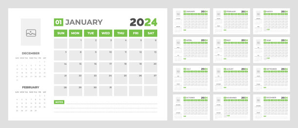 2024日历桌面计划器模板。公司业务墙或书桌简单的计划日历与星期开始星期日。一套2024年日历规划师模板与照片和公司标志的地方。图片下载