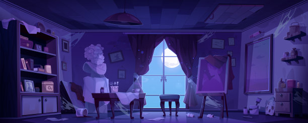 废弃的艺术工作室内部，晚上有画架图片下载