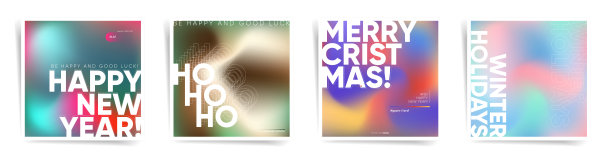 一套渐变网格圣诞节和新年方形卡与充满活力的冬季色调和优雅的字体节日活动和专辑封面。圣诞假期现代梯度收集。图片下载