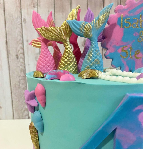 用美人鱼图案装饰的生日蛋糕特写。孤立。前视图。图片下载