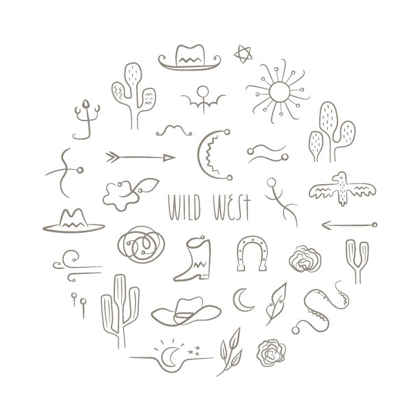 圆形框架与狂野的西部矢量插图，图标，文本。简单的西式装饰。图片下载