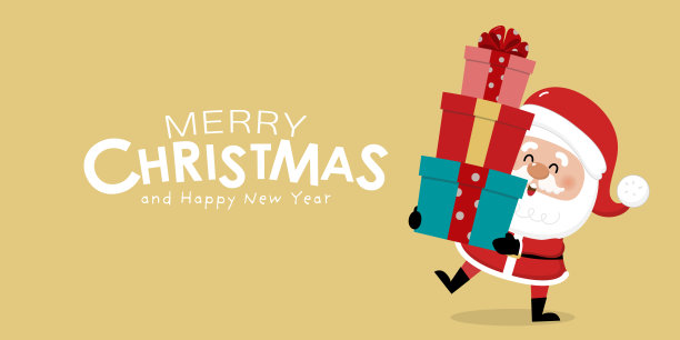 圣诞快乐新年好贺卡，可爱圣诞老人和礼物卡通形象矢量素材图片下载