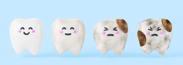 清洁和脏牙齿3d渲染图标集。牙石、牙菌斑或龋齿，口腔保健。快乐的微笑和悲伤与牙齿疼痛卡通卡哇伊人物在蓝色背景图片下载