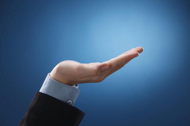 空手手势在蓝色背景西装。图片下载