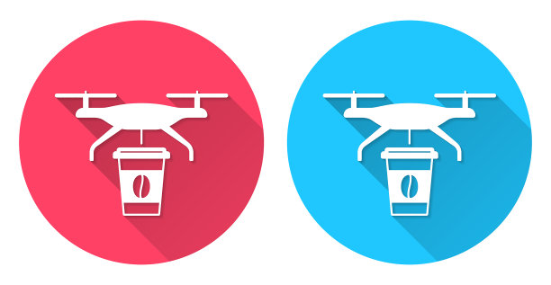 送咖啡的无人机。圆形图标与长阴影在红色或蓝色的背景图片下载