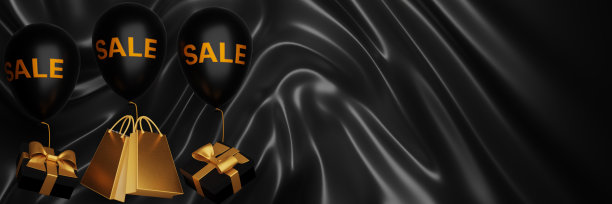 “黑色星期五”。黑色背景上印有促销、礼品、购物袋字样的充气气球。三维渲染图片下载