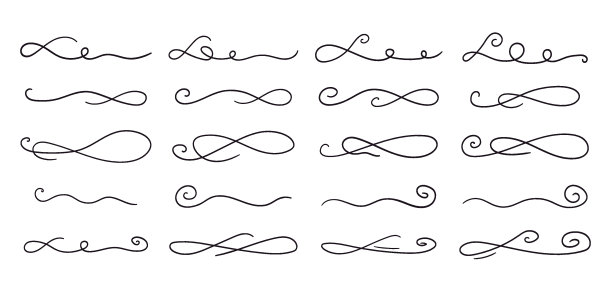 双线和双线双线排版尾形。刷画粗大弯曲的涂抹。手绘集卷曲的嗖嗖，嗖嗖，歪歪扭扭。矢量书法涂鸦漩涡。图片下载