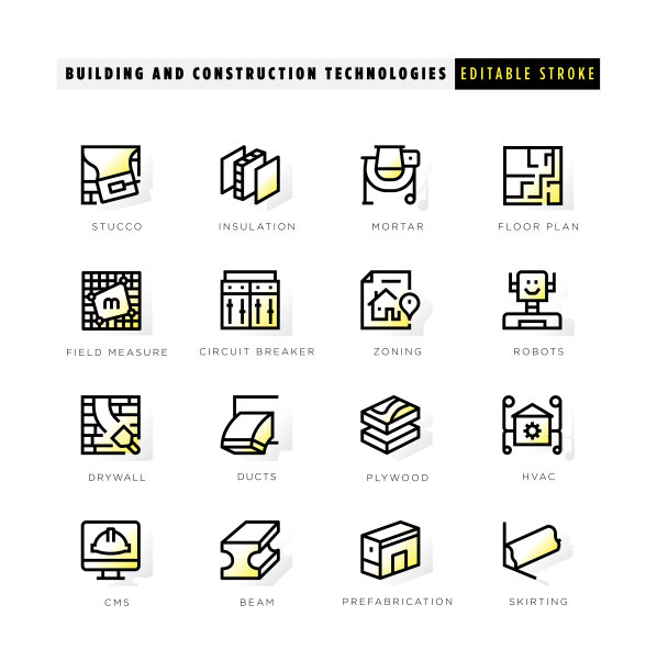 建筑和建筑技术图标与黄色内发光图片下载
