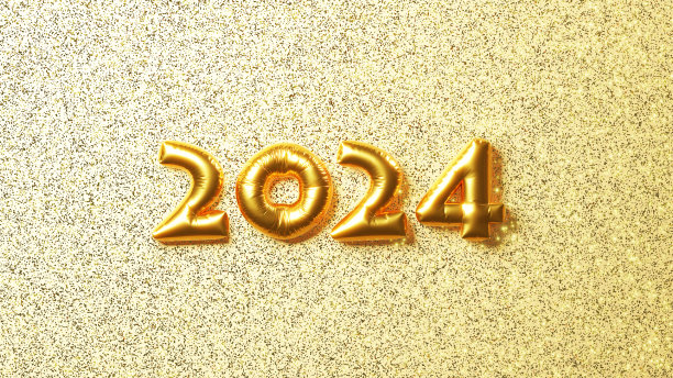 3 d演示。2024年的金色气球号码。闪闪发光的背景。拜年，拜年贺卡材质。(水平)图片下载