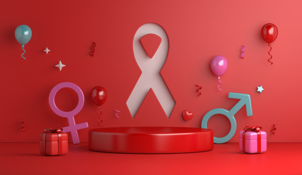 艾滋病宣传，世界艾滋病日红色展示讲台带丝带，气球，礼盒，男女符号，复制空格文字，3d渲染插图图片下载