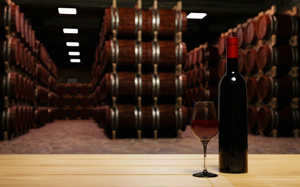在酒窖或地下室里，许多葡萄酒发酵罐的原料都放置在靠近红砖墙的地方。三维渲染图片下载