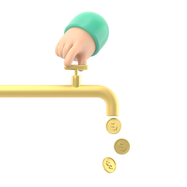 资金利用。三维插图平面设计。打开水龙头，金币掉下来。金融水龙头。成就成功。现金流概念。白色背景的3D渲染。图片下载