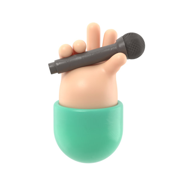 卡通手势图标模型。卡通手拿麦克风和显示胜利的手势。白色背景的3D渲染。图片下载