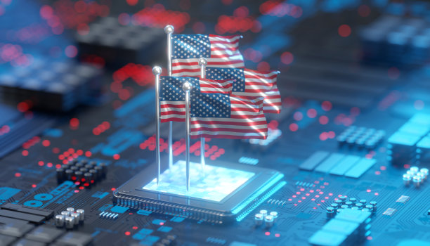 半导体行业芯片组上的美国国旗，3d渲染图片下载