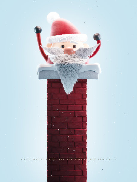 圣诞老人从红色的烟囱里下来，蓝色的背景上飘着雪花。圣诞贺卡设计。图片下载