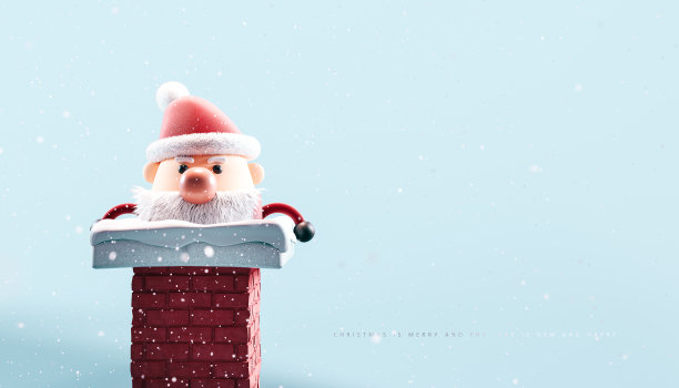 圣诞老人从红色烟囱上下来，蓝色背景上有飘落的雪和拷贝空间。图片下载