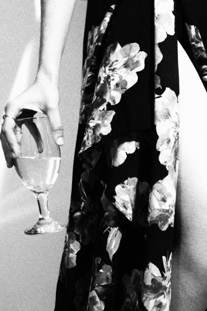 照片上的女孩穿着一件长长的花裙，开衩露出她的腿。她正拿着一杯香槟。单色黑白调图片下载