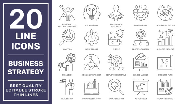 企业管理和战略图标集。细线集包含这样的图标，如愿景，使命，价值观，经验和更多。简单的网页图标集。可编辑的中风。每股收益10图片下载