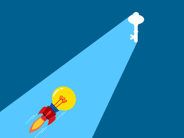 知识成就成功。火箭射向一扇亮着灯的挂锁大门图片下载