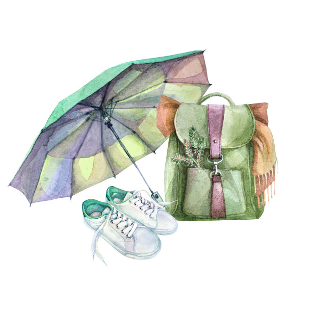 水彩绿色背包步行和运动鞋与伞孤立在白色背景。森林旅游周末散步。秋季卡片或贴纸的手绘艺术。壁纸剪贴画图片下载