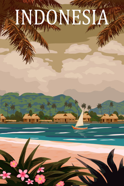 旅游海报印尼热带岛屿度假胜地复古图片下载