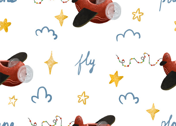 婴儿打印。儿童无缝图案。飞机,云,stars.Aviation。无尽的男孩图案。手绘无缝重复儿童简单图案与飞机和云在斯堪的纳维亚风格。孩子们的背景。古董飞机。图片下载