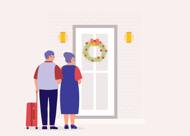 老夫妇带着行李站在门前，手里拿着圣诞花环。图片下载