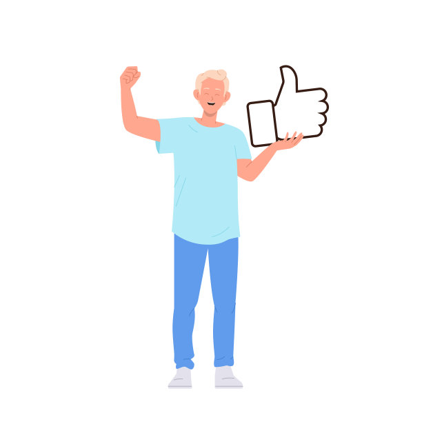 小男孩顾客的卡通形象开心地微笑着，尖叫着，举着大拇指向上的手势图片下载