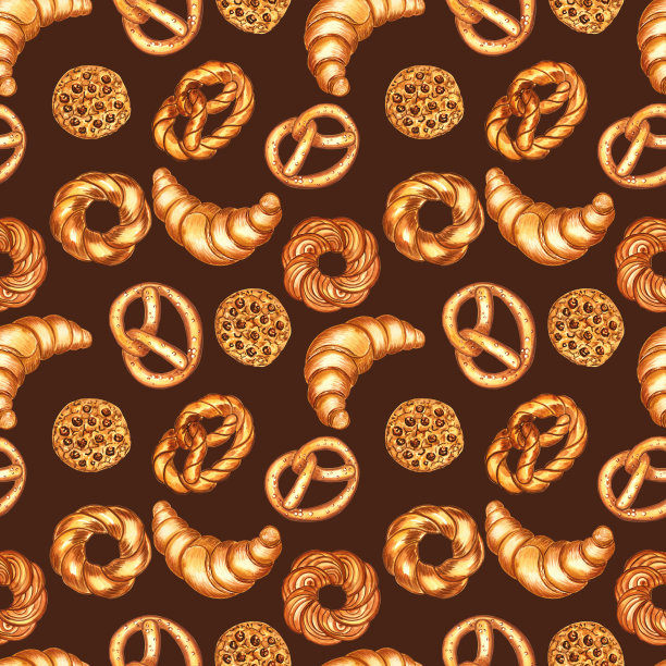 烘烤水彩无缝图案。手绘羊角面包和饼干包装和菜单。百吉饼和椒盐脆饼是自制的。新做的饼干和面包的画面，没完没了的墙纸。图片下载