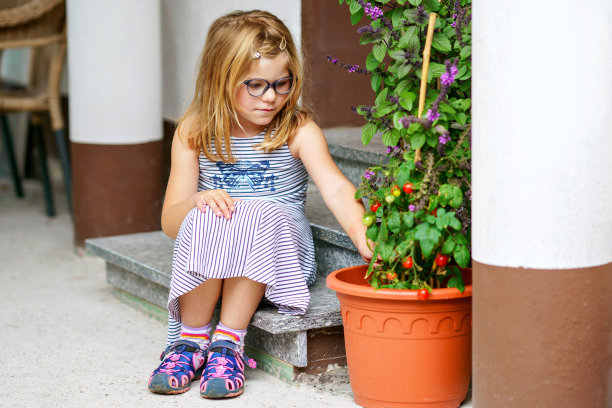 可爱的小女孩拿着花盆里的西红柿。学龄前的孩子摘成熟的蔬菜吃西红柿图片下载